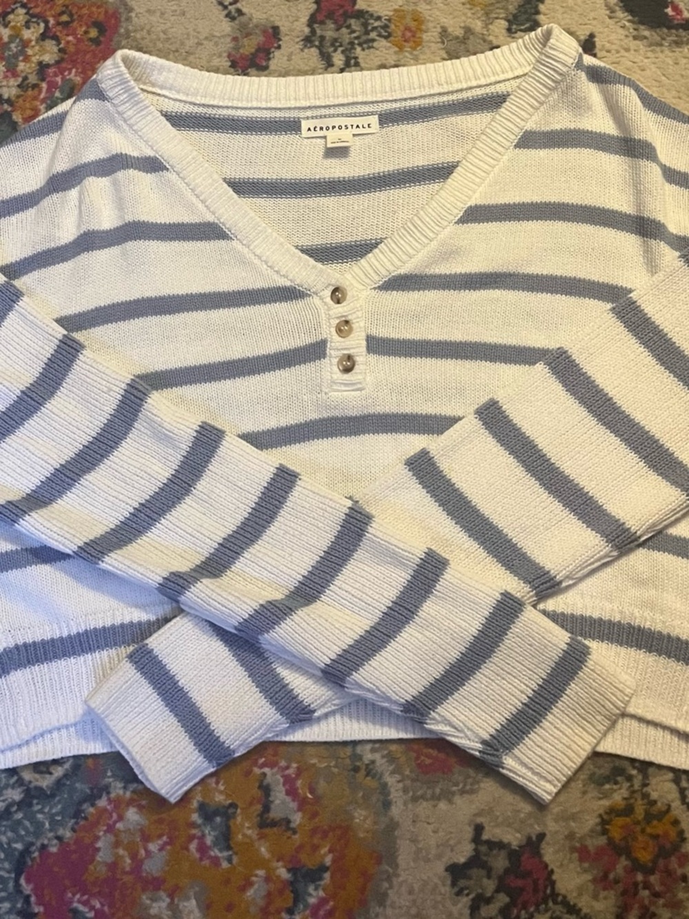 Aeropostale Cream and Light Blue Striped V-Neck Henley Sweater